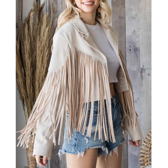 Sand Vegan Faux Suede Fringe Cropped Boho Western Moto Jacket Top Walford - Picture 4 of 7